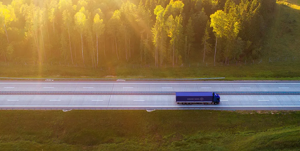 Blue truck driving on the highway surrounded by trees