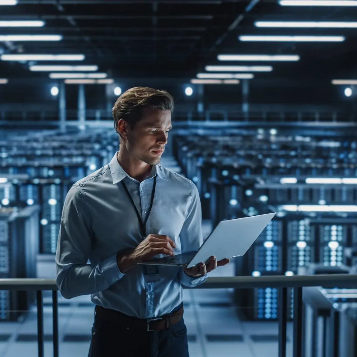 Portrait of IT Specialist Uses Laptop in Data