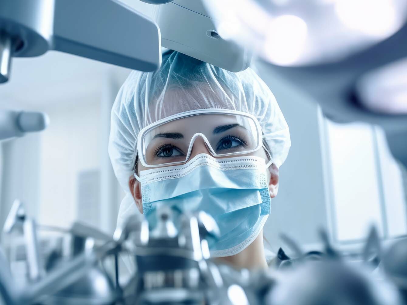 A woman medical worker with a mask and full protective equipment