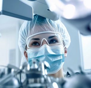 A woman medical worker with a mask and full protective equipment A woman medical worker with a mask and full protective equipment