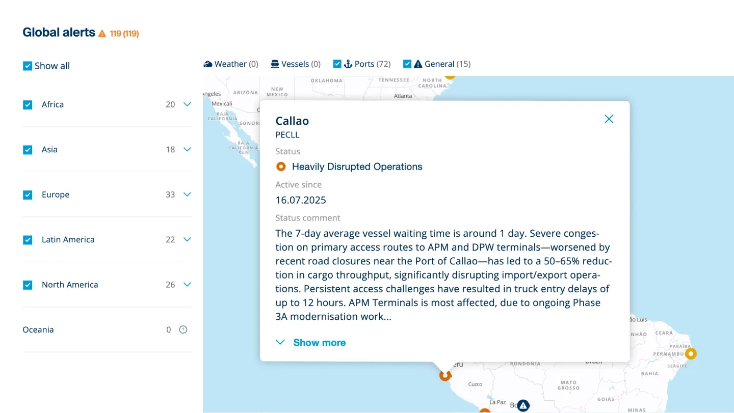 Seaexplorer global events map highlighting disruptions and port conditions