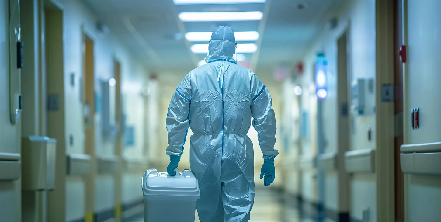 Medical technician in a full on hazard suit carrying a refrigerator