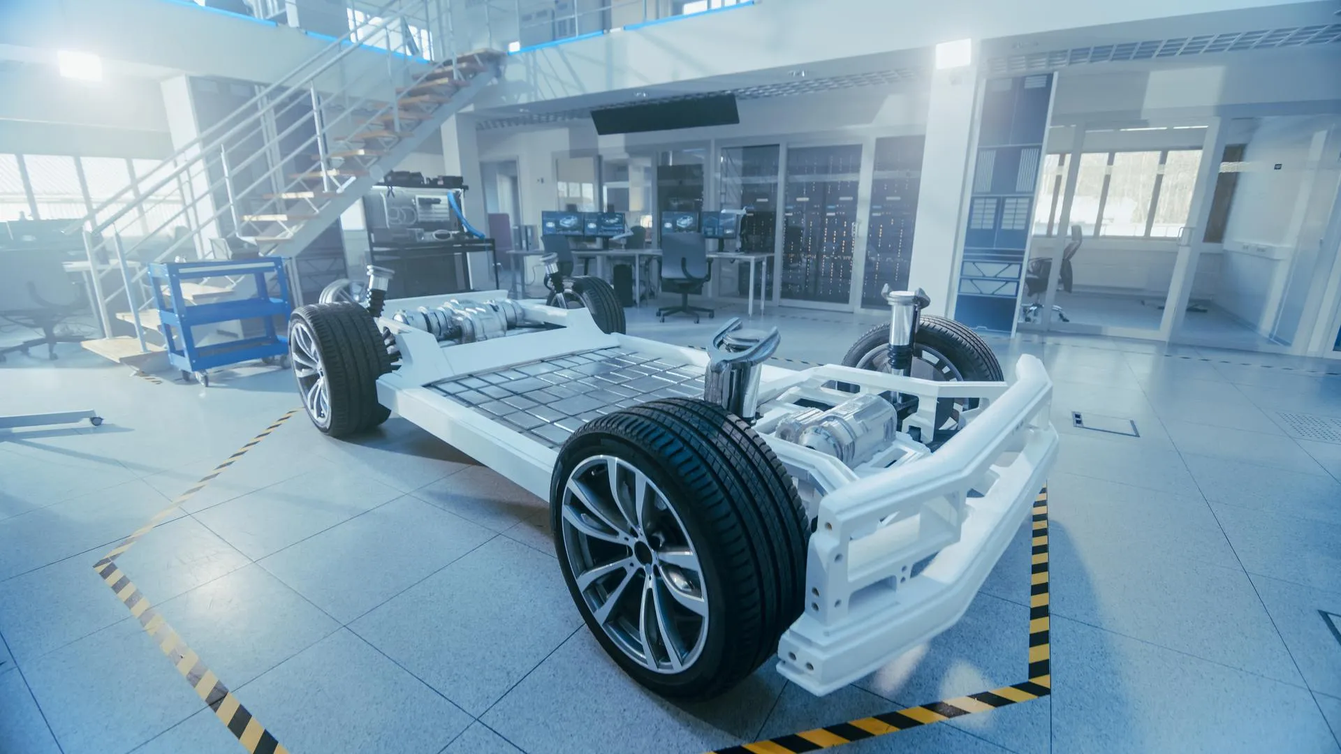 Concept of Authentic Electric Car Platform Chassis Prototype Standing in High Tech Industrial Machinery Design Laboratory. Hybrid Frame include Tires, Suspension, Engine and Battery.
