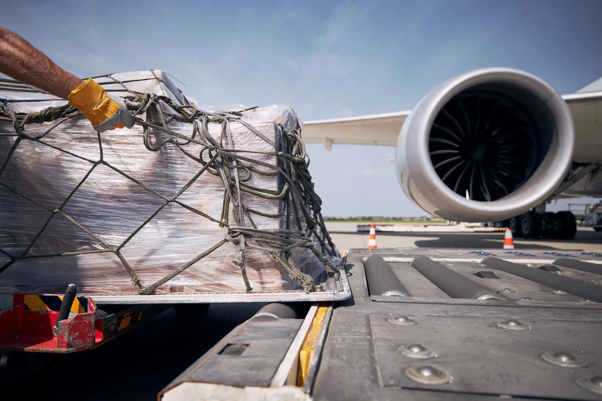 Hand of ground crew during unloading freight airplane