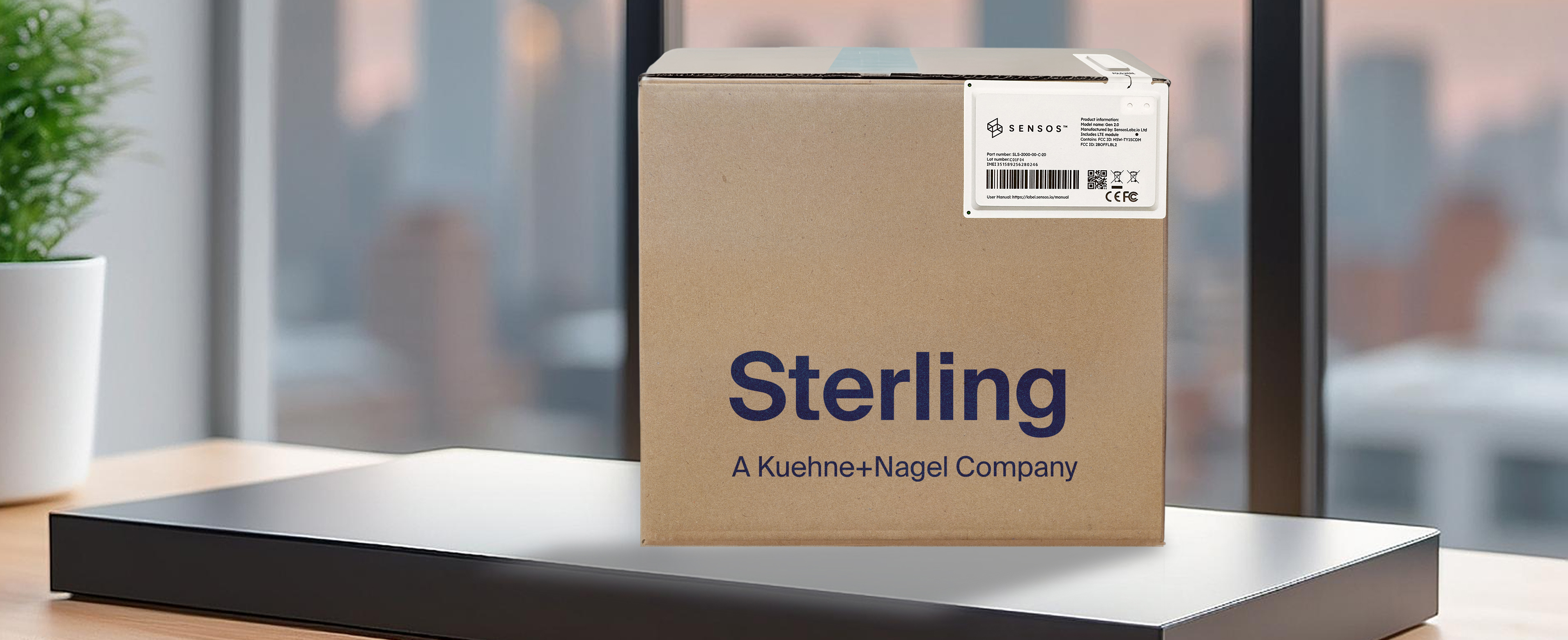 Sterling box with a label on it, on a table inside the office